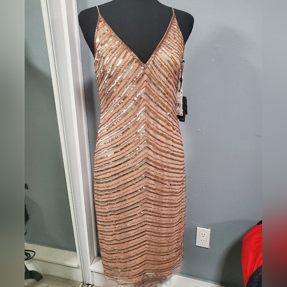 Adrianna Papell Midi Nude Sequin Beaded Evening Cocktail Prom Dress sz 6 - Picture 9 of 11